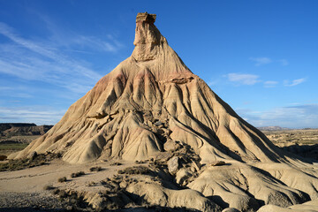 Rock sandstone and clay formations in the half desert of Bardenas Reales in the Navarra province of Spain
