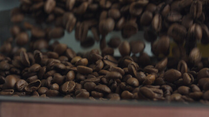 Roasted coffee beans falling into container in
