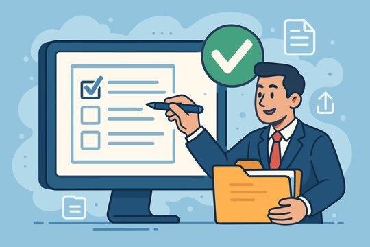 Businessman completing online checklist for project approval. Man checks task on computer screen with green tick icon. Concept of document management, validation, and business success.