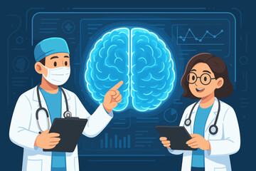 Medical team of doctors analyzing brain scan. Neurologists collaborating on diagnosis with futuristic digital technology. Neuroscience, neurology, and healthcare innovation concept.