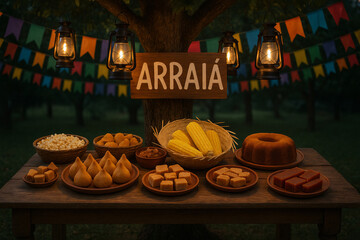 Mesa de madeira com comidas típicas de festa junina, como milho, bolo, coxinhas e doces, decorada com lanternas e bandeirinhas coloridas ao ar livre.