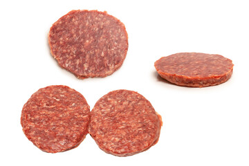 Raw minced beef isolated on white background.