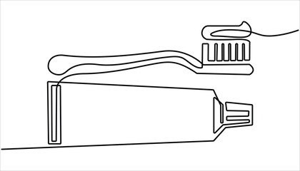 Continuous one line drawing of brush with toothpaste. Single line drawing illustration of Tooth paste with brush. Branding oral care products concept vector art.