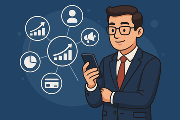Businessman using a smartphone for digital business growth and data analysis. Concept of corporate strategy, financial management, online marketing, and mobile technology network.