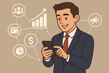 Businessman using smartphone for digital business growth. Vector illustration of financial management, marketing, and data analytics icons. Concept of mobile banking and investment.
