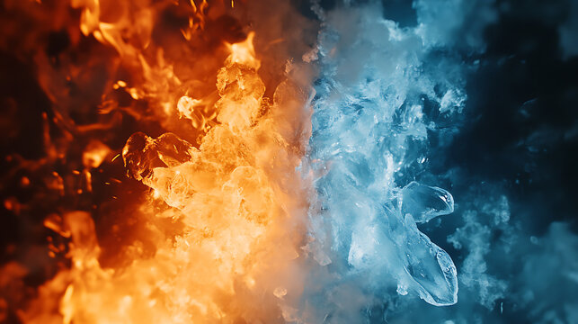 Dramatic abstract background illustrating a powerful clash between intense fire and freezing ice elements