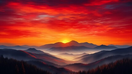 Obraz premium A high-contrast sunrise with bold orange and red hues over the Carpathian ranges, crisp mountain silhouettes in dark navy, and a glowing sun just above the horizon, painting the sky with warm tones.