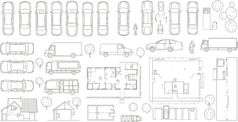 Architectural Plan of a Town Layout with Cars, Trees, Buildings, and Street Details Shown in Gray Line Drawings