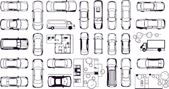 Overhead View of Urban Planning Elements Cars Trucks Buildings and Green Spaces Showcasing Architectural Designs and City Layout