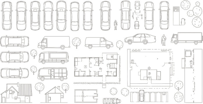Architectural Plan of a Town Layout with Cars, Trees, Buildings, and Street Details Shown in Gray Line Drawings
