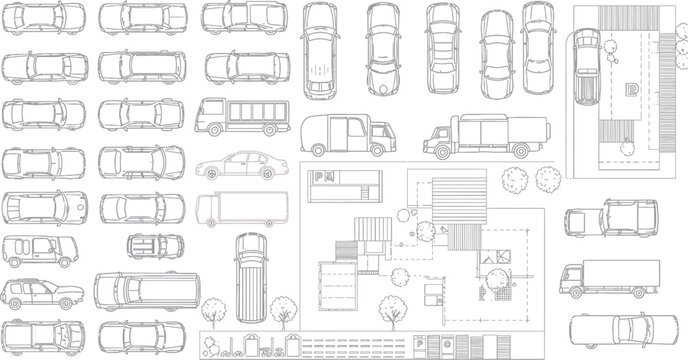 Overhead Schematic Featuring a Variety of Cars, Trucks, and Site Plans for Urban Planning and Design