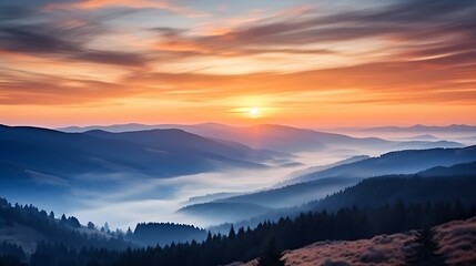 A panoramic view of the Carpathians at sunrise, warm orange and pink sky above a deep navy mountain silhouette, long rays of light spilling over the ridges, creating a glowing, magical effect.