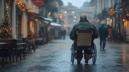 A man in a wheelchair walking down a city street on a winter's day.