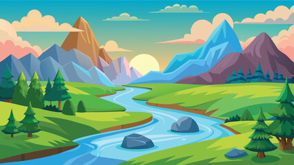 Cartoon Mountain River Landscape with Green Fields, Coniferous Trees, and a Sunrise Sky