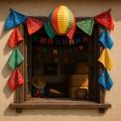 Janela decorada com lenços coloridos, balão junino e bandeirinhas, em ambiente rústico com fardos de palha e elementos típicos de festa junina.