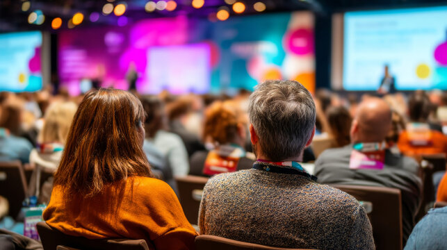 Attentive audience during a colorful stage presentation at a business conference