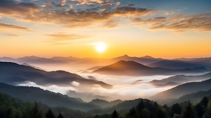 Obraz premium A serene mountain sunrise, the sky softly transitioning from lavender to pale gold, Carpathian peaks in silhouette, faint layers of mist lingering in the valleys, a calm and peaceful scene.