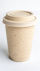 Beige Speckled Disposable Coffee Cup with Lid on White Background