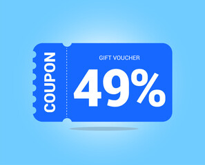 49% coupon promotion sale. Forty nine percent Vector Gift Voucher. Blue discount, lucky ticket, special offer promo. Web, shopping label, percent sign. Special price offers.