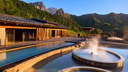Scenic outdoor hot spring landscape with steaming pools and mountain views during golden hour, providing a relaxing spa experience.