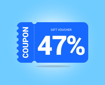 47% coupon promotion sale. Forty seven percent Vector Gift Voucher. Blue discount, lucky ticket, special offer promo. Web, shopping label, percent sign. Special price offers.