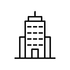 Minimalist Office Building Icon in Line Art Style – Black Outline Skyscraper Silhouette with Central Tower and Side Wings – Real Estate, Architecture, and Urban Cityscape Symbol on White Background

