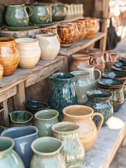 Fototapeta premium Ceramic pottery displayed at an outdoor market.