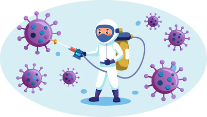 Naklejka premium Disinfecting Virus Outbreak Illustration A Hazmat Suit Worker Sprays Disinfectant Over Coronavirus Germs in a Public Space to Eliminate Threat