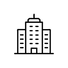 Minimalist Office Building Icon in Line Art Style – Black Outline Skyscraper Silhouette with Central Tower and Side Wings – Real Estate, Architecture, and Urban Cityscape Symbol on White Background


