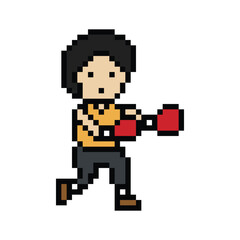 Obraz premium Cartoon cute pixel character man exercises training boxing pugilism punch lifestyle decoration life style 8 bit male boy boxing fisticuffs gym game 8bit fitness isolated PNG vector.