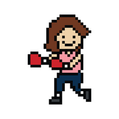 Obraz premium Cartoon cute pixel character woman exercises training boxing pugilism punch lifestyle decor life style 8 bit female lady boxing fisticuffs gym game 8bit fitness isolated PNG vector.