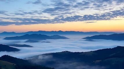 Obraz premium A soft, golden sunrise casting warm light across the Carpathian peaks, delicate clouds streaking across the sky, mountain silhouettes in deep navy blue and grey.