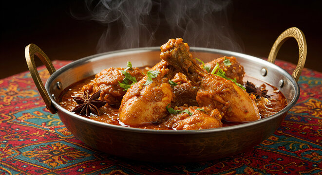A traditional chicken karahi cooked with tomatoes, spices, and herbs, served in a classic wok, a staple of South Asian culinary art