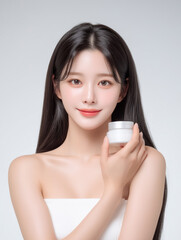 Pretty Korean girl showing cosmetic cream jar with glowing skin and smile