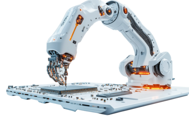 White robotic arm assembling futuristic microchip with precision and advanced automation isolated on transparent background PNG