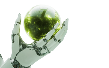 White robotic AI hand gently holding glowing orb symbolizing advanced technology and control isolated on transparent background PNG