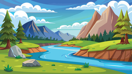 Serene Mountain Landscape River Flowing Through Green Hills with Pine Trees and Cloudy Skies
