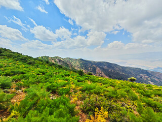 Obraz premium A panoramic view of green mountain ranges and foothills in Bostanliq District of Tashkent Region, Uzbekistan, stretching into the distance under a cloudy sky