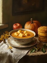 Traditional apple and pumpkin gravy in a ceramic bowl, paired with turnip meg and Woodruff cakes on a dinner table