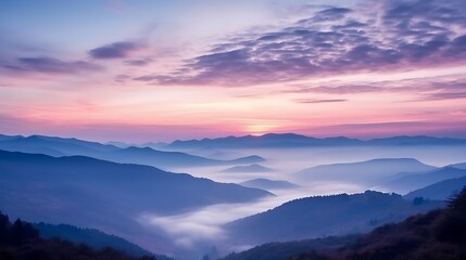 Fototapeta premium A soft, pastel sunrise over the Carpathians, light blue sky streaked with warm pinks and purples, mountain peaks dark in silhouette, a tranquil, ethereal atmosphere perfect for a calming wallpaper.