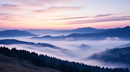 Obraz premium A subtle sunrise scene of dark Carpathian silhouettes, a pale peach and violet sky, mist clinging to the valleys, and the first rays of light illuminating the mountain ridges.