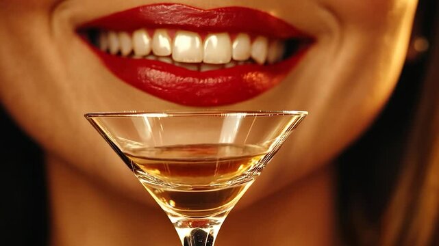Close up of a woman with red lips smiling and looking at a cocktail glass, showcasing the cocktail and her joyful expression