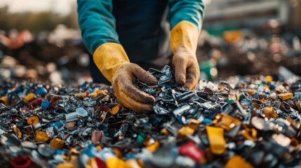 A worker wearing gloves sorting through a large pile of small electronic parts or scrap metal outdoors.