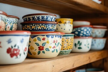 Hand painted ceramic casseroles pie dishes on a wooden shelf colorful countryside kitchen no labelling no logo no human