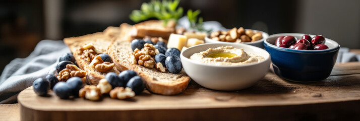 Fototapeta premium Delicious breakfast board featuring breads, fruits, nuts, and dips in a cozy kitchen setting