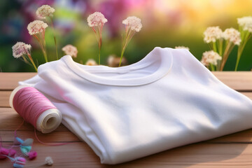 Folded T-Shirt with a Floral Background and Sewing Material.