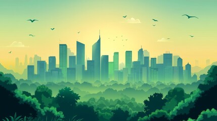 A vibrant cityscape rises above lush green forests under a golden sky, with birds soaring peacefully, blending urban life and nature in harmony.
