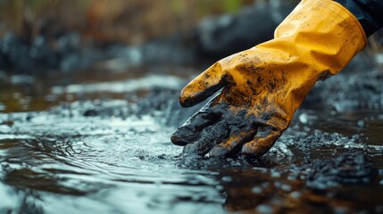 A gloved hand covered in oil touches a polluted water surface, highlighting environmental contamination and the impact of oil spills.