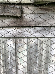 Rustic wooden fence with wire mesh in natural setting