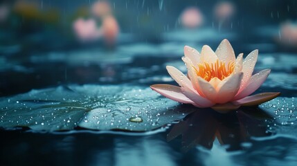 A delicate pink water lily blooms on a rain-kissed pond, surrounded by green lily pads and soft raindrops, creating a serene and peaceful atmosphere.